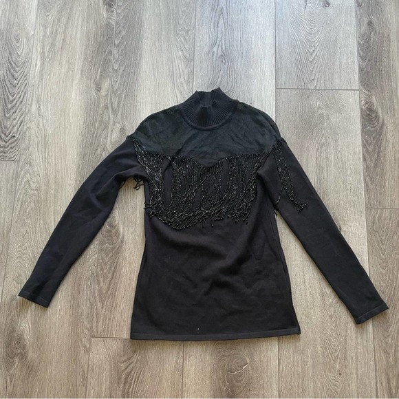 paola bernardi black mesh tassel fringe embellished long sleeve knit sweater new - Picture 2 of 5